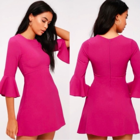 LULUS Center of Attention Magenta Flounce Sleeve Dress (S) - Picture 1 of 10